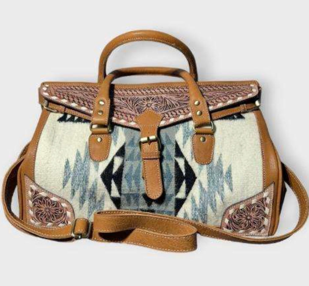 DUFFEL HAND TOOLED  WEEKENDER  Size: 13"H x 8"L x 3.5"W  (inches)